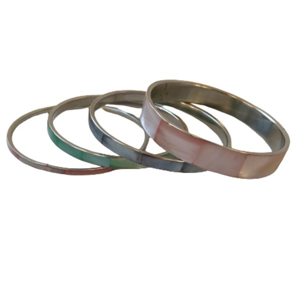 Vintage Shell Inlay Silver Boho Bangle Bracelets - Picture 2 of 16